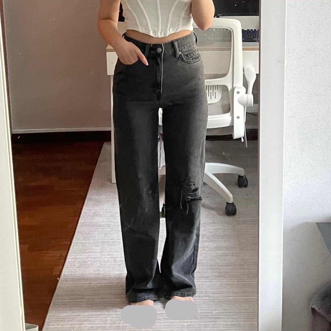 bnwt h&m washed black grey ripped wide high waist denim jeans