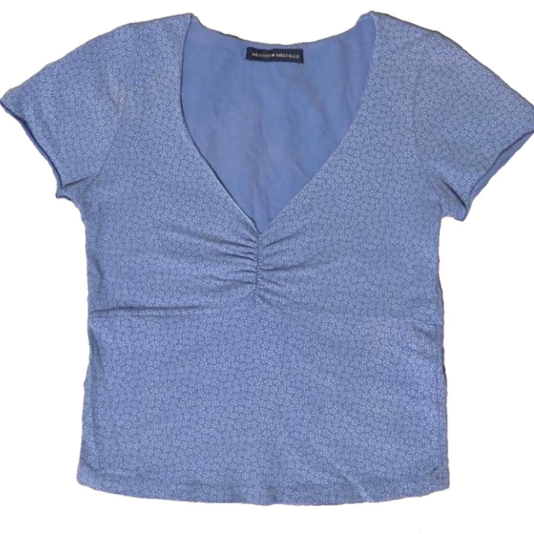 Brandy Melville Gina Top Blue with White Floral, Women's Fashion, Tops, Shirts on Carousell