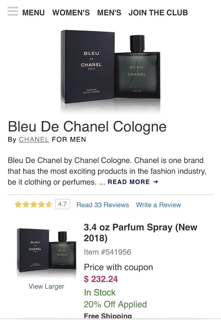 Chanel Bleu De Chanel Paris 3.4 Oz Eau De Toilette  