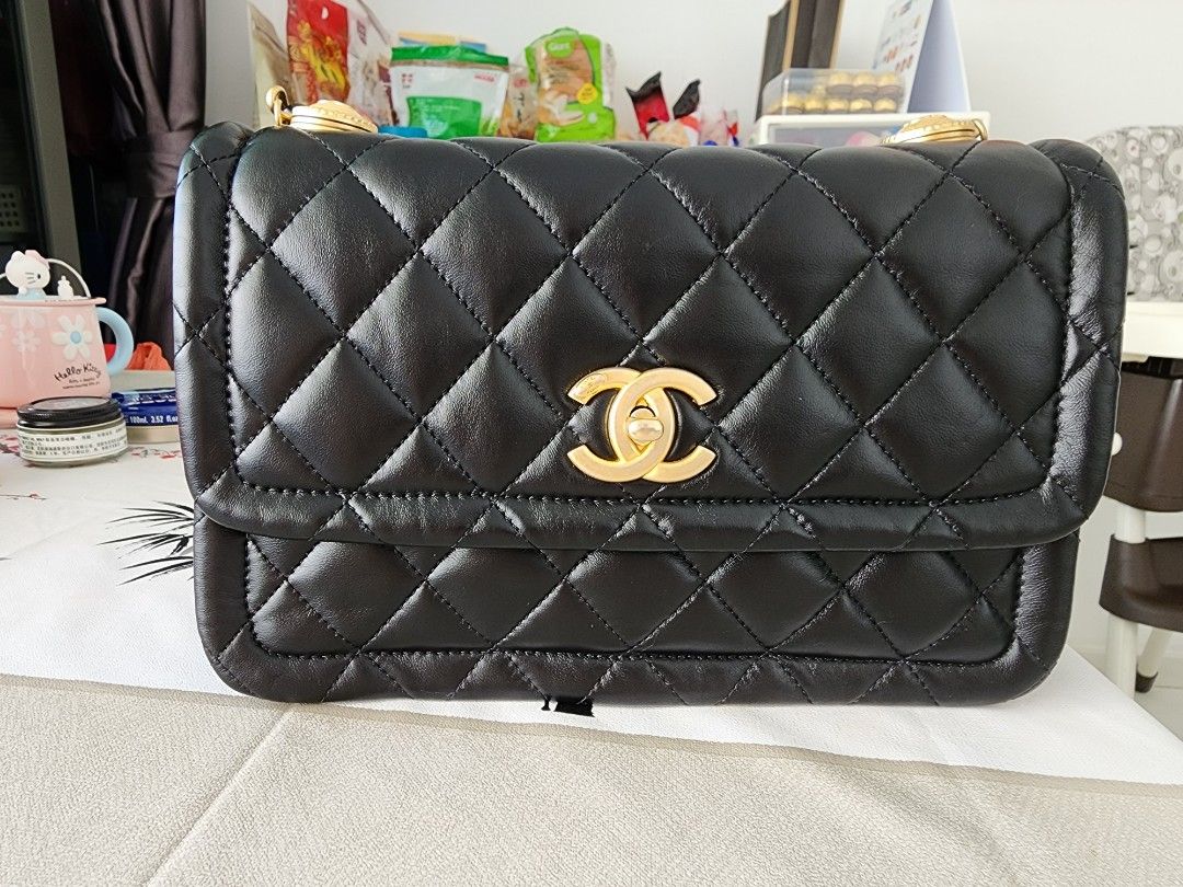 Authentic Chanel Button On Top 22CM Chain Flap Bag Black Luxury Bags   Wallets on Carousell