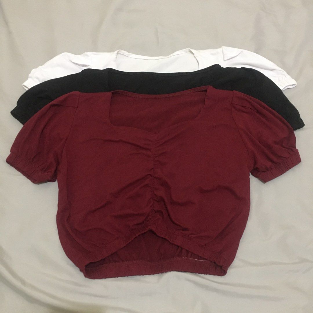 Cotton basic puff crop tops (wine red black white) (Category: Others Tops) located in Caloocan City. Submitted by nadicart (Listing ID 1210131167, Image 1). Description: Size: Small Colors Avail: Wine red, Black, White 50 pesos each or get all colors for 150!.