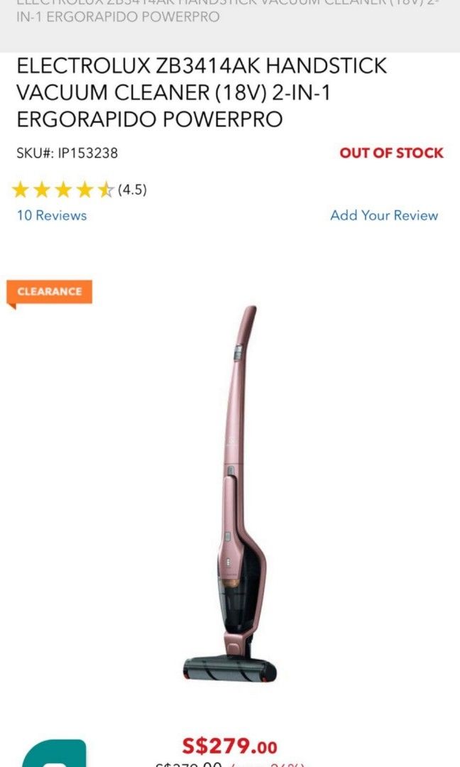 ELECTROLUX ZB3414AK HANDSTICK VACUUM CLEANER (18V) 2IN1 ERGORAPIDO POWERPRO, TV & Home