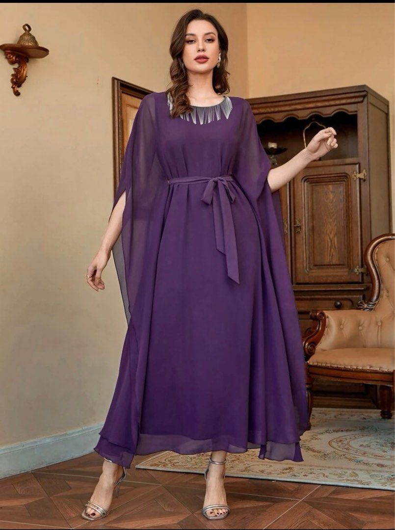 FRINGE TRIM BATWING SLEEVE DRESS Women s Fashion Dresses Sets