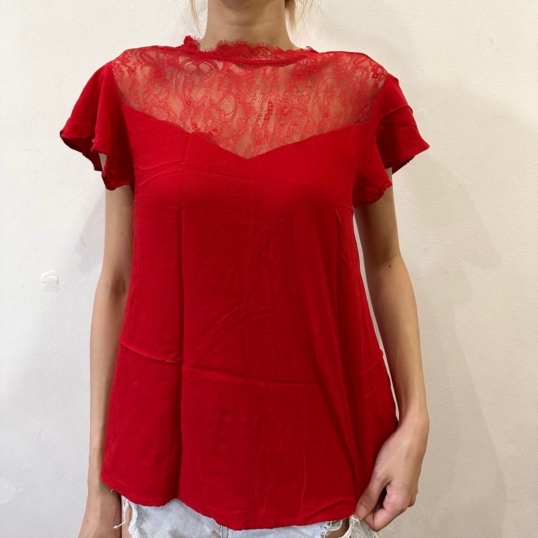 H M red lace light top Women s Fashion Tops Blouses on Carousell