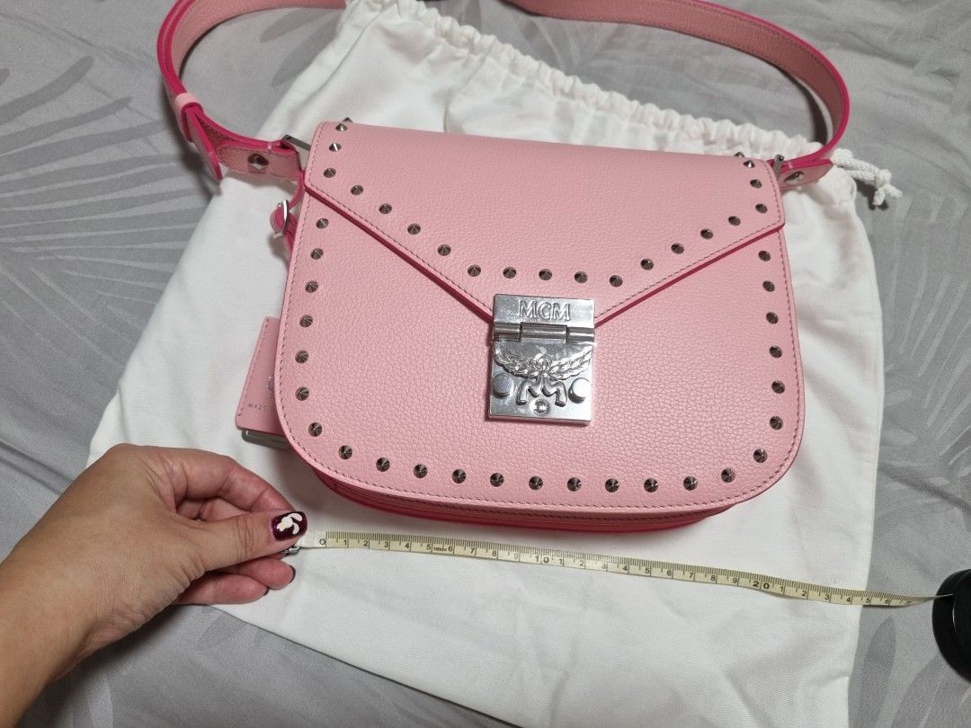 Authentic MCM Patricia Pink studded pebbled leather shoulder bag