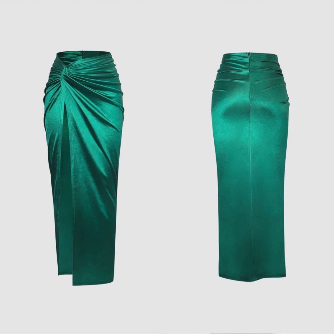 Micas High Slit Midi Skirt In Emerald Green, Women