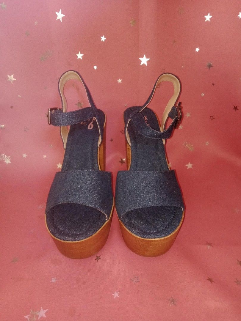 Mix no 6 womens carinda denim covered wooden platform block heels