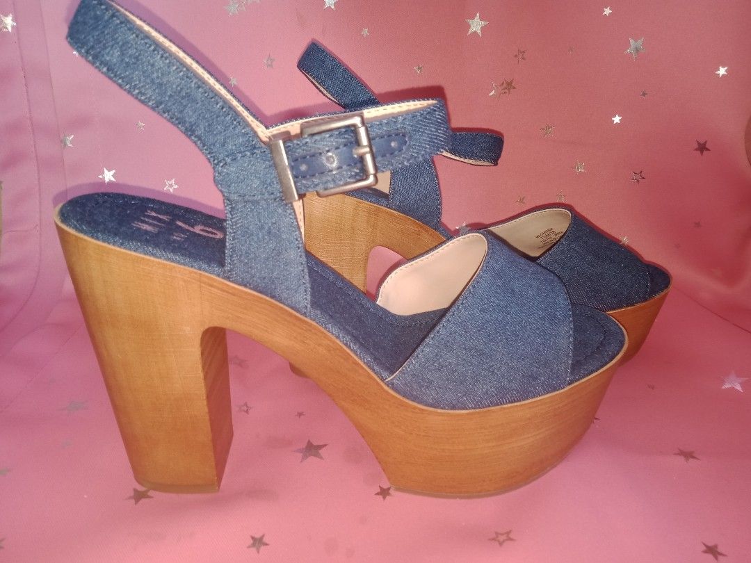 Mix no 6 womens carinda denim covered wooden platform block heels