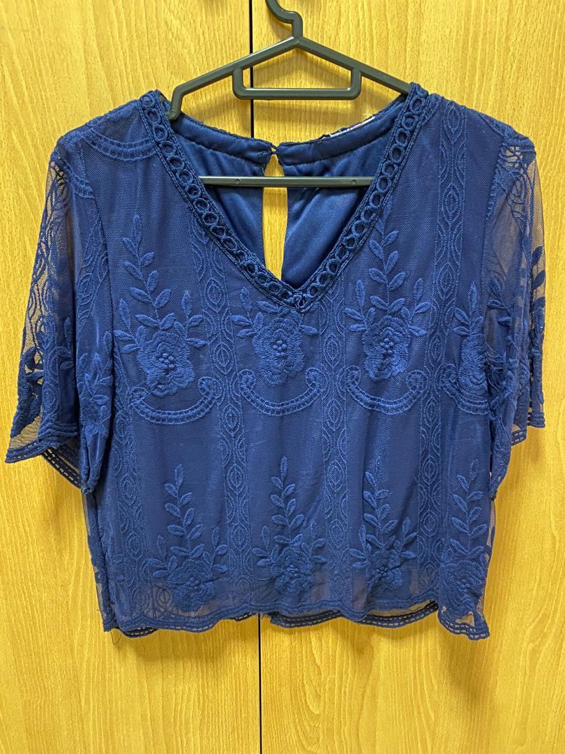 Navy blue lace blouse, Women's Fashion, Tops, Blouses on Carousell