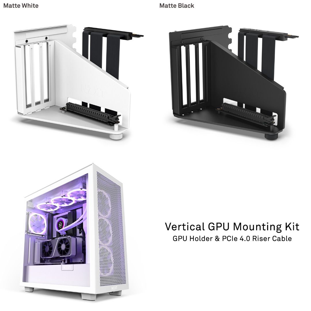 NZXT VERTICAL GPU HOLDER & PCIE 4.0 RISER CABLE MOUNTING KIT STURDY STEEL  BRACKET ( MATTE BLACK / MATTE WHITE )