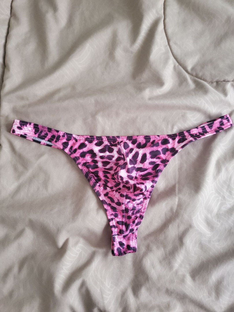 Pink Leopard Print Nylon Thong for Men, Men's Fashion, Bottoms
