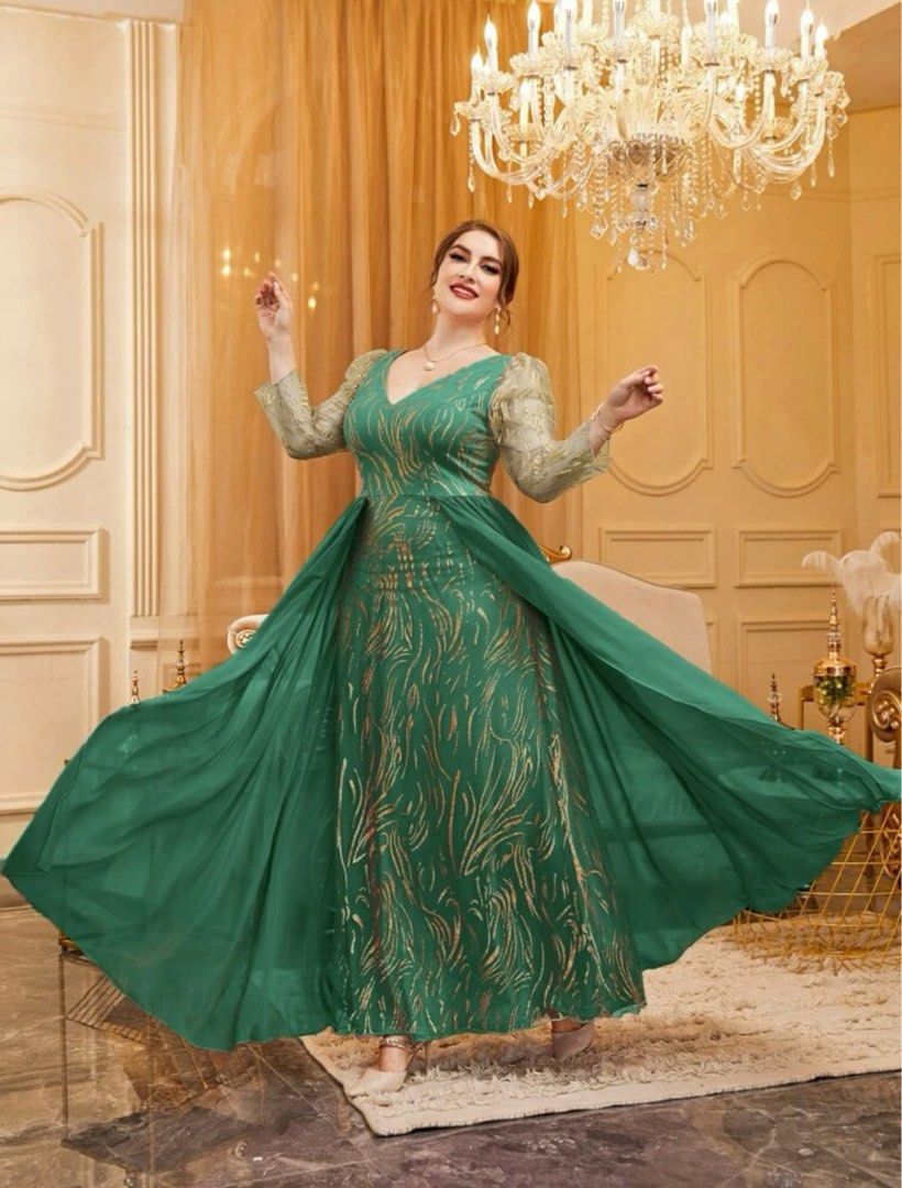 Plus gold print puff sleeve overlay formal dress Women s Fashion