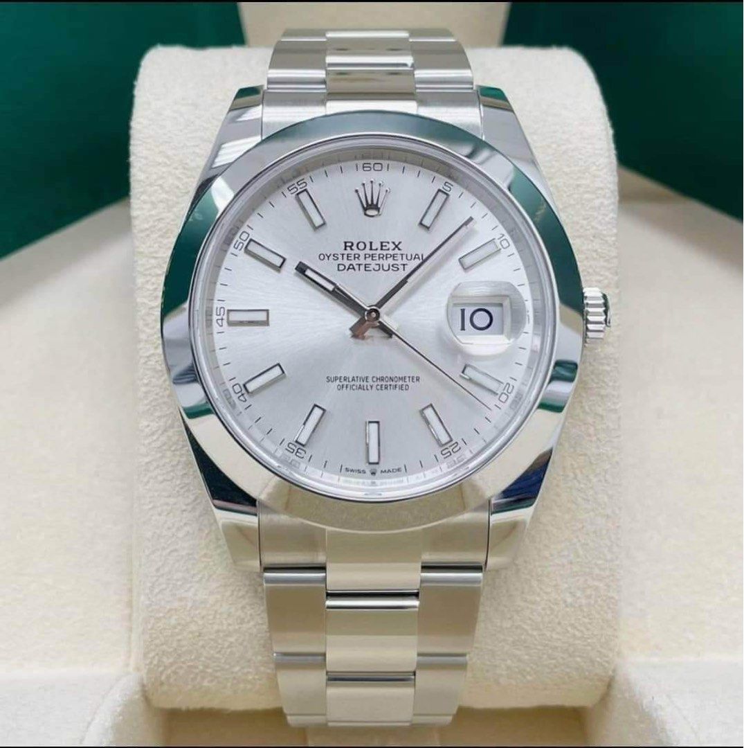 Rolex Datejust Silver dial 41mm (Category: Luxury Watches) located in Pasig City. Submitted by Watchaholics (Listing ID 1210075680, Image 1). Description: -41mm -yr model 2022 -silver dial -oyster bracelet -10/10 condition -complete set For 655k .