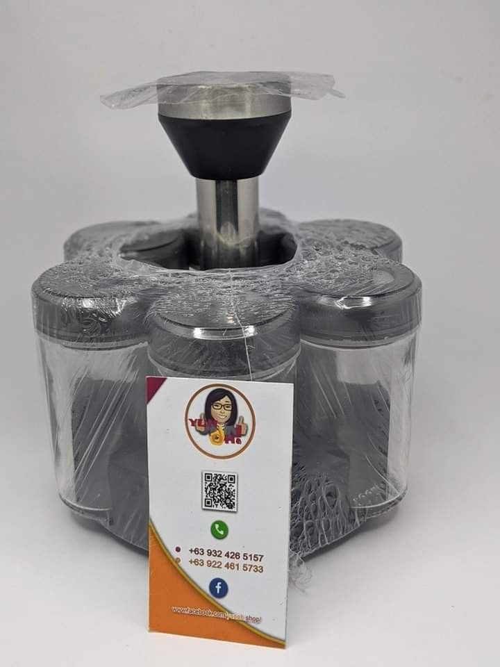 Rotating spice jars (Category: Other Kitchenware & Tableware) located in Quezon City. Submitted by gervincho (Listing ID 1210123474, Image 1). Description: • Brand new • 6 pcs Spice jars 100ml Capacity • Jar Size: H: 9.5cm × D: 5cm • Rotating rack size: H: 18cm × D: 14cm • Open for pick up or COD (plus shipping fee). • Open for reservations (with advance payment required)..