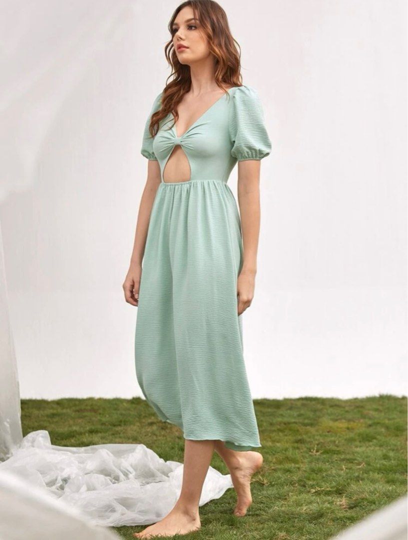 green emerald velvet dress SHEIN Najma Gold Floral Print Cut Out Front Lantern Sleeve Belted Dress,  M1506329, Mint Green, L: Buy Online at Best Price in Egypt main image 1