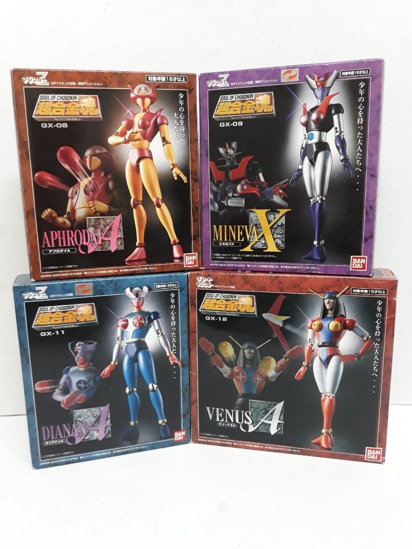Bandai SOC Mazinger Angels, GX-08 Aphrodai A, GX-09 Mineva X, GX-11 Dianan A, GX-12 Venus A, Lot of 4 Bandai Action Figures (Category: Figurines & Statues) located in Manila. Submitted by madmaxshop (Listing ID 1210070171, Image 3). Description: SOC Mazinger Angels: GX-08 Aphrodai A GX-09 Mineva X GX-11 Dianan A GX-12 Venus A Lot of 4 Bandai Action Figures, in PRISTINE Condition. never displayed or played with. HARD to FIND toy collectibles.