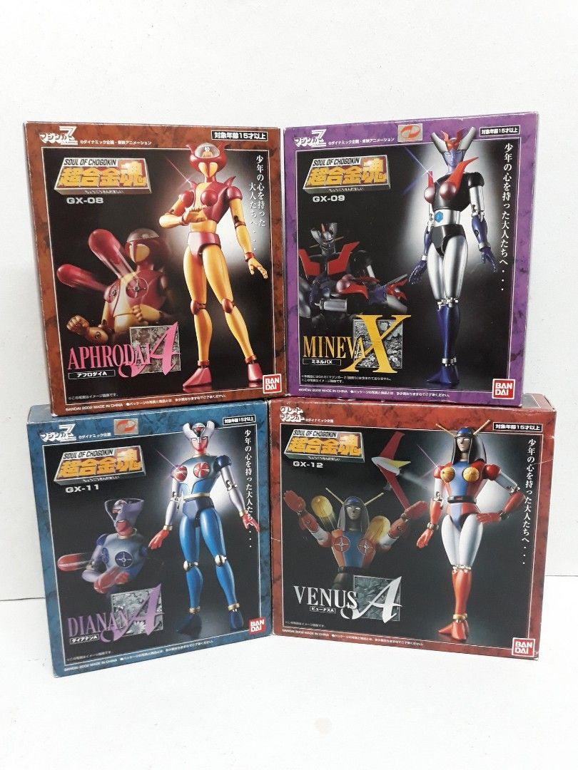 Bandai SOC Mazinger Angels, GX-08 Aphrodai A, GX-09 Mineva X, GX-11 Dianan A, GX-12 Venus A, Lot of 4 Bandai Action Figures (Category: Figurines & Statues) located in Manila. Submitted by madmaxshop (Listing ID 1210070171, Image 2). Description: SOC Mazinger Angels: GX-08 Aphrodai A GX-09 Mineva X GX-11 Dianan A GX-12 Venus A Lot of 4 Bandai Action Figures, in PRISTINE Condition. never displayed or played with. HARD to FIND toy collectibles.