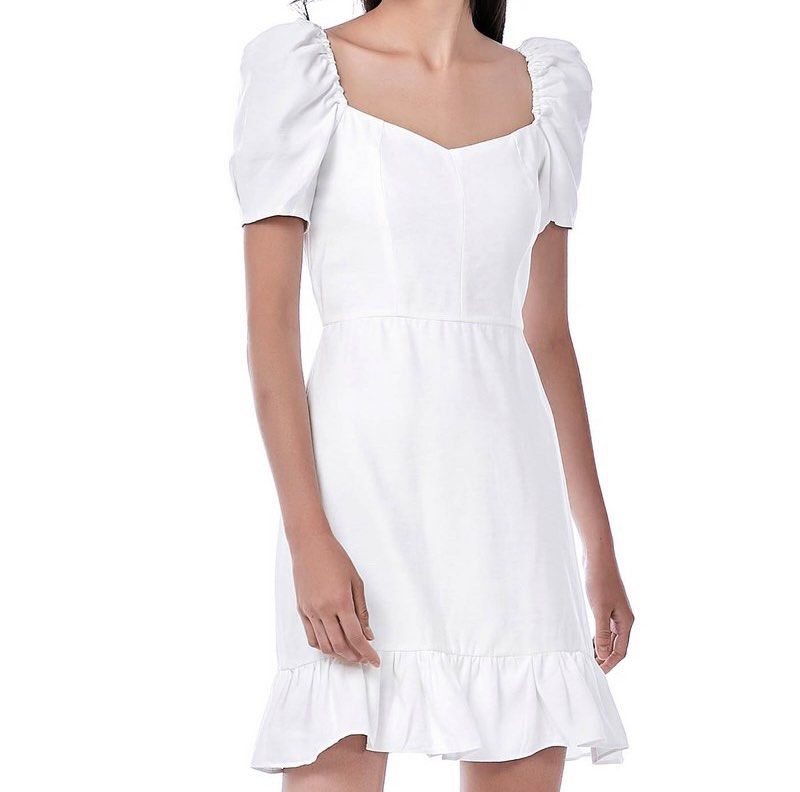 TAN & WHITE STRIPE PUFF SLEEVE DRESS main image 0