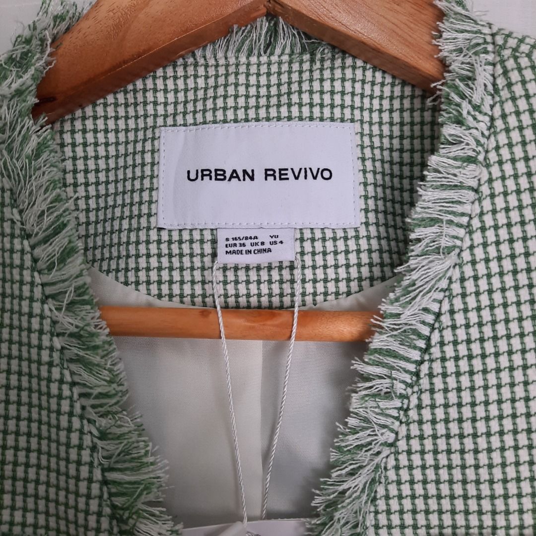 XS) Urban Revivo Light Green Checkered Fringe Classic Blazer