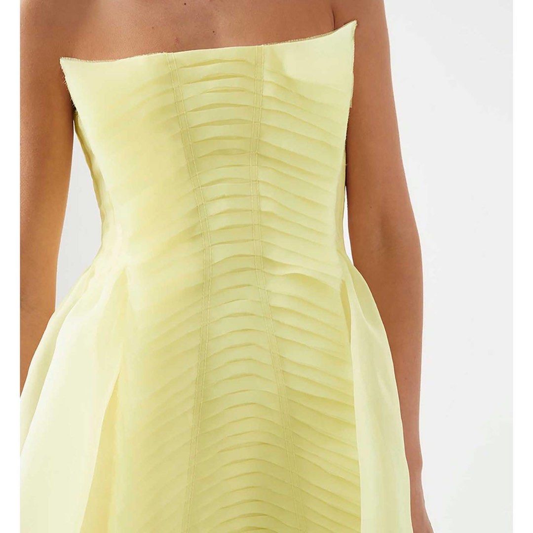 AJE Astrid pleated linen blend pale yellow tube mini dress, Women's ...