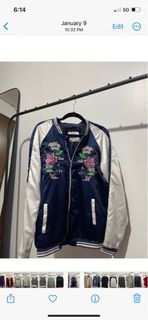 Blue Silk Bomber Jacket with Embroidered Flowers