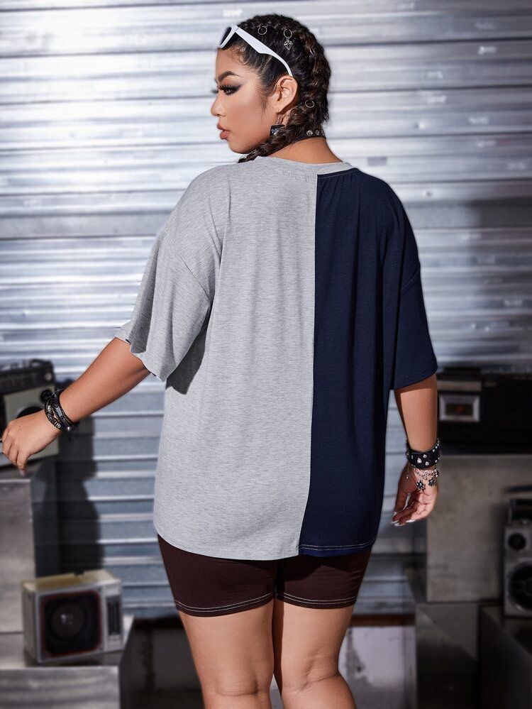 Plus Letter Graphic Colorblock Drop Shoulder Tee Dress