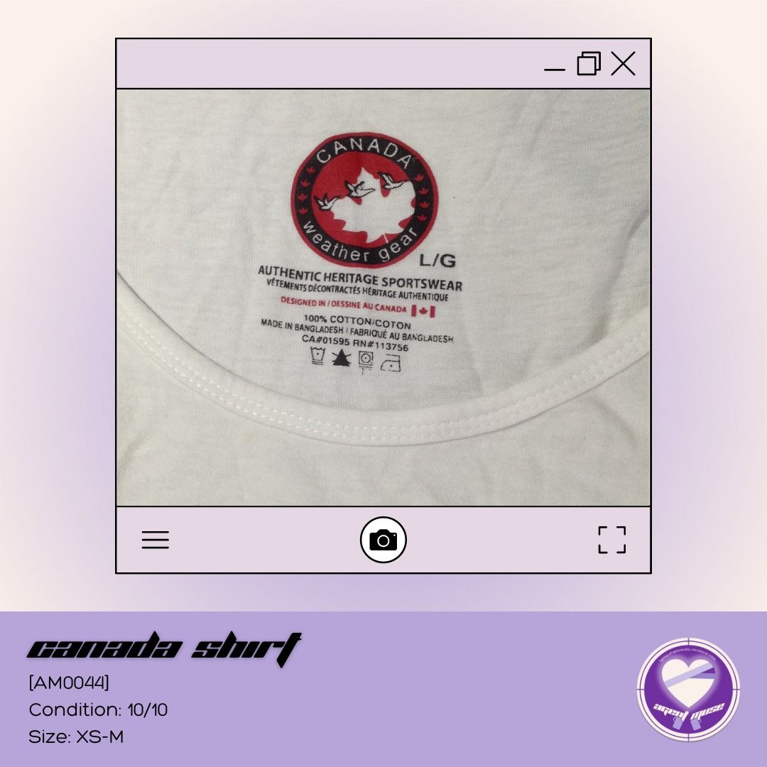 [Canada Weather Gear] Canada Shirt (Category: Shirts) located in Quezon City. Submitted by agentmuse_ (Listing ID 1209528654, Image 2). Description: ❤️‍🩹 used once ❤️‍🩹 rfs: not my aesthetic ❤️‍🩹 size: no size on tag, but can fit s-m frames :) ❤️‍🩹 please feel free to reach out for more pics and/or info if interested 💰 mop: gcash 🚚 mod: buyer's choice; shopee co for shipping .