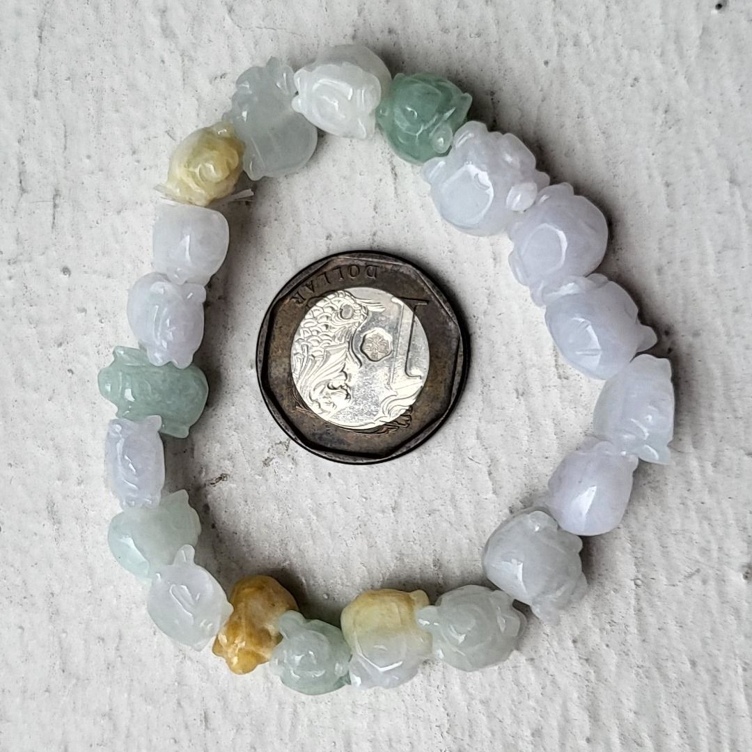 Certified Type A Jadeite Bracelet Moonlight Yellow Green Jade Pig Piglet Stretchable