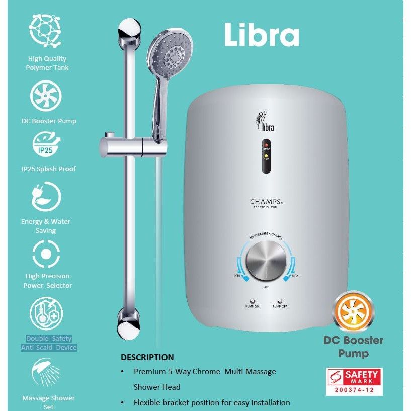 Champs Libra Instant Water Heater with Shower Holder Set, TV & Home