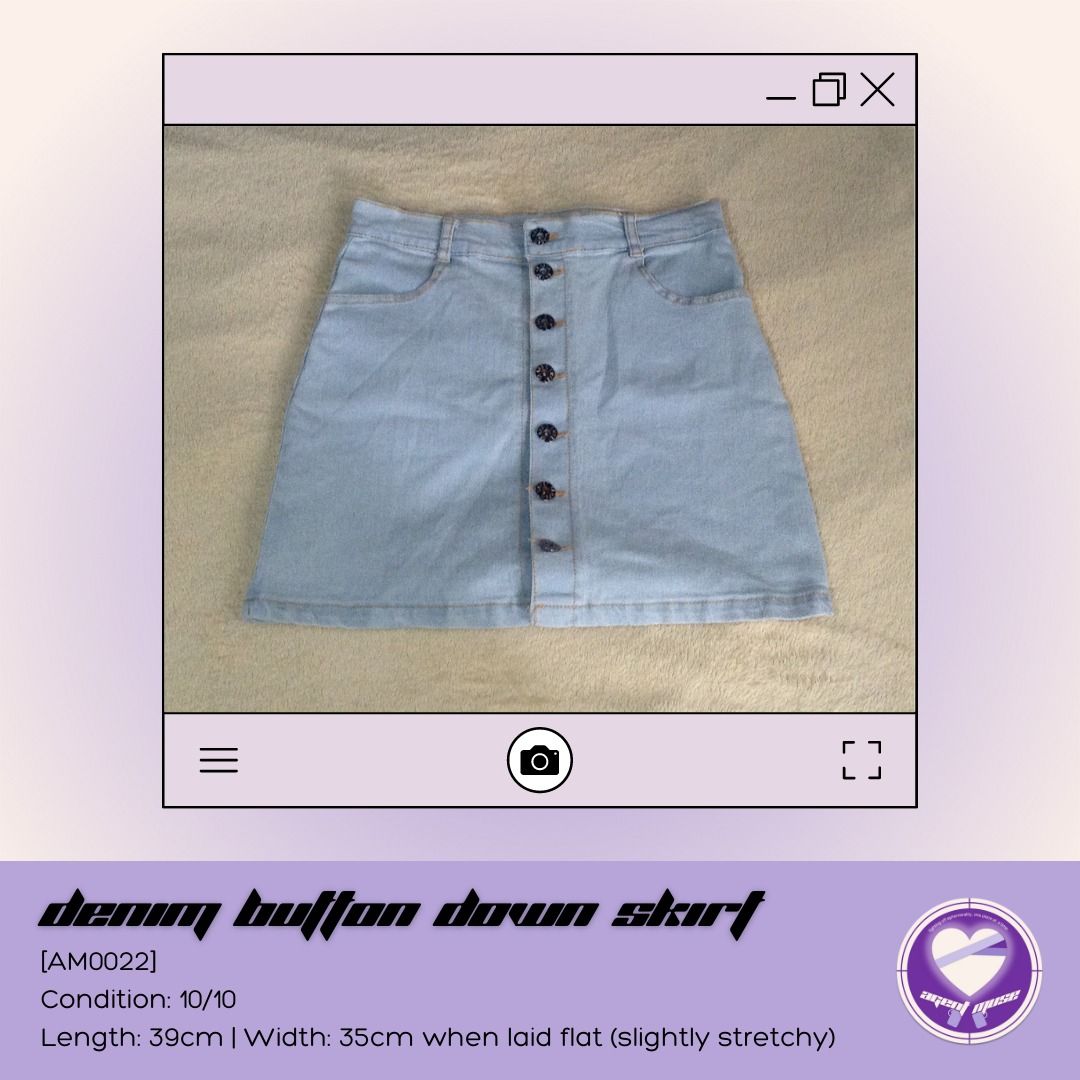 Denim Button Down Skirt (Category: Skirts) located in Quezon City. Submitted by agentmuse_ (Listing ID 1207760709, Image 1). Description: ❤️‍🩹 used for at least 4 times ❤️‍🩹 rfs: no longer my aesthetic ❤️‍🩹 size: medium & size 7 on tag; i'm a size 24 (waist) and maluwag pa to sakin :) ❕ please allow a 1-2cm error due to manual measurement ❤️‍🩹 please feel free to reach out for more pics and/or info if interested 💰 mop: gcash 🚚 mod: buyer's 