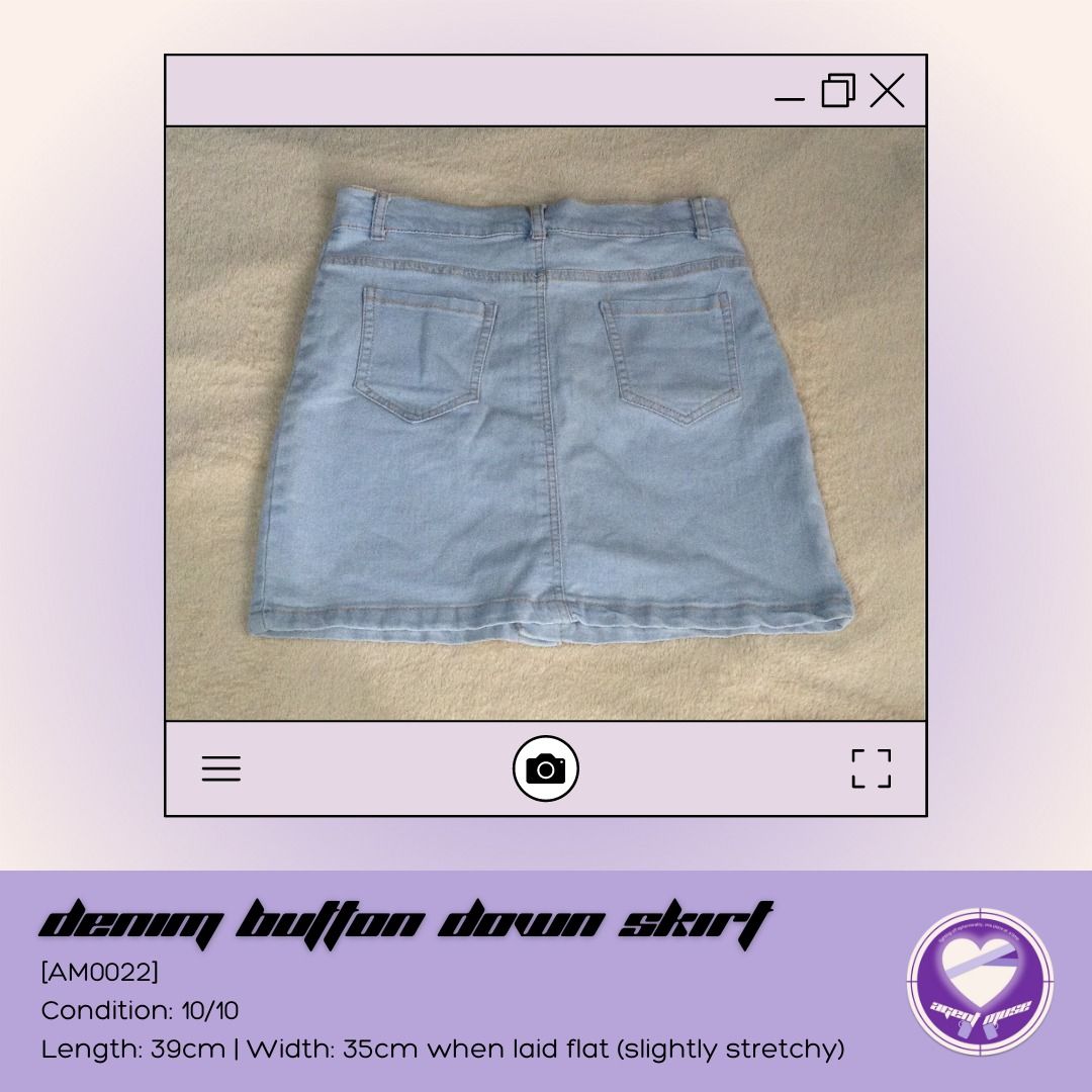 Denim Button Down Skirt (Category: Skirts) located in Quezon City. Submitted by agentmuse_ (Listing ID 1207760709, Image 2). Description: ❤️‍🩹 used for at least 4 times ❤️‍🩹 rfs: no longer my aesthetic ❤️‍🩹 size: medium & size 7 on tag; i'm a size 24 (waist) and maluwag pa to sakin :) ❕ please allow a 1-2cm error due to manual measurement ❤️‍🩹 please feel free to reach out for more pics and/or info if interested 💰 mop: gcash 🚚 mod: buyer's 