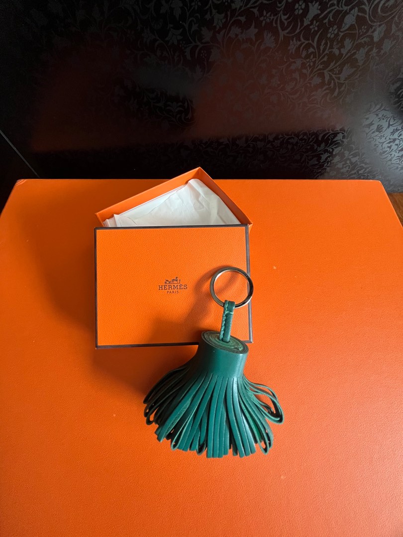 Hermes Orange Shopping Sac Bag Charm Key Chain Pom Pom Carmen