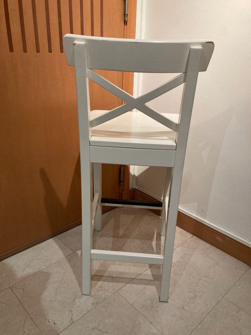IKEA INGOLF bar stool / high chair with backrest, 63cm, white, solid