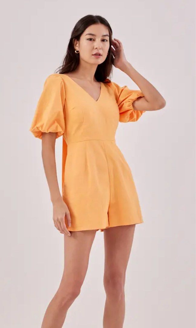 Love Bonito Taye Puff Sleeve Tie Back Romper in Butternut, Women's