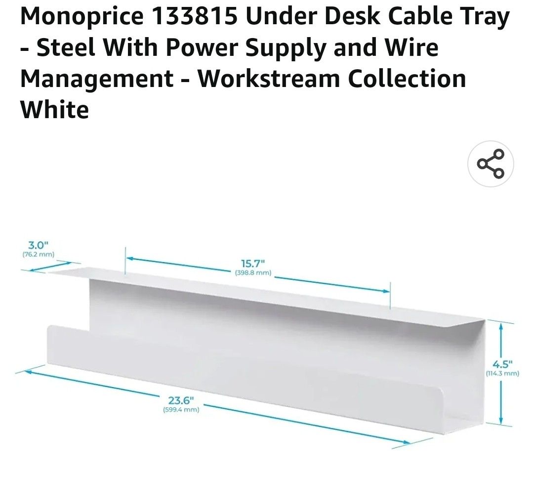 Workstream by Monoprice Under Desk Power Supply and Wire Management Cable  Tray Organizer Steel White