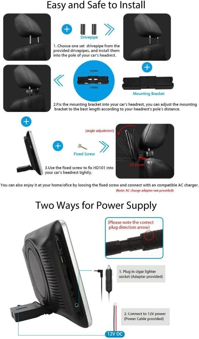 NAVISKAUTO 10.1" Headrest DVD Player 1024x600 Portable DVD Player for