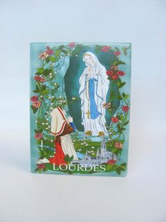Our Lady of Lourdes Tile Decor for Altar with Stand / Mother Mary & St. Bernadette / Religion