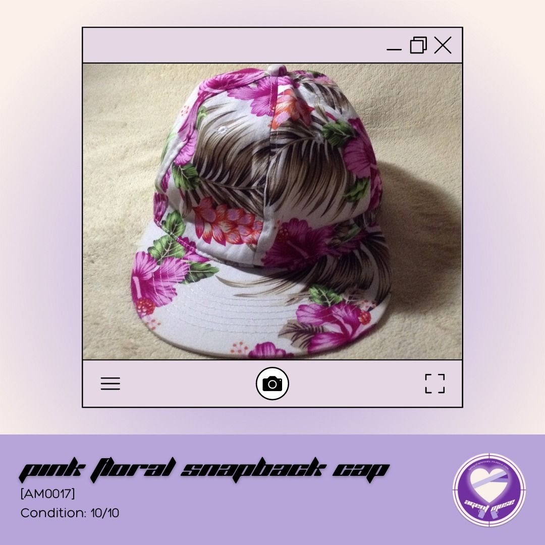Pink Floral Snapback Cap (Category: Hats & Beanies) located in Quezon City. Submitted by agentmuse_ (Listing ID 1207620755, Image 1). Description: ❤️‍🩹 never been used, tried on lang! ❤️‍🩹 rfs: not my aesthetic, but super pretty in actual! bought it at P300 ❤️‍🩹 please feel free to reach out for more pics and/or info if interested 💰 mop: gcash 🚚 mod: buyer's choice; shopee co for shipping .