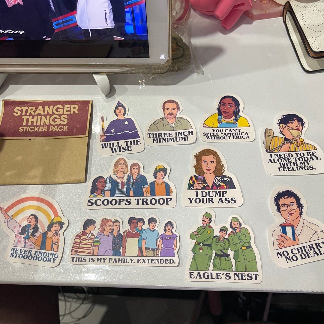 Stranger Things waterproof vinyl matte stickers (Category: Western Merchandise) located in General Trias. Submitted by secondhandthingzz (Listing ID 1210314641, Image 1). Description: RFS: decluttering Will give freebies! 😊 Payment: Gcash only Delivery: Grab/Lalamove or GogoXpress (shouldered by buyer) ❤️ shopee checkout available for delivery only .