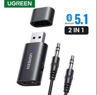 UGREEN 2 in 1 Bluetooth 5.1 Car Adapter Bluetooth Stereo Transmitter Receiver Wireless 3.5mm Aux Jack Adapter Car Kit Mic