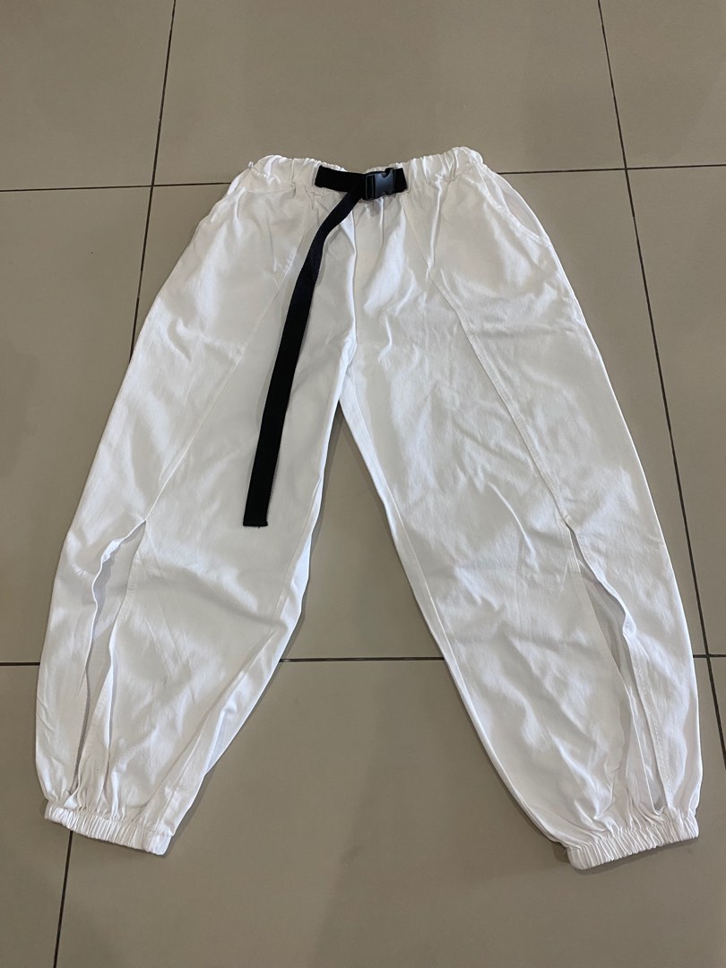 White Baggy Track Pants with slits, Women's Fashion, Bottoms