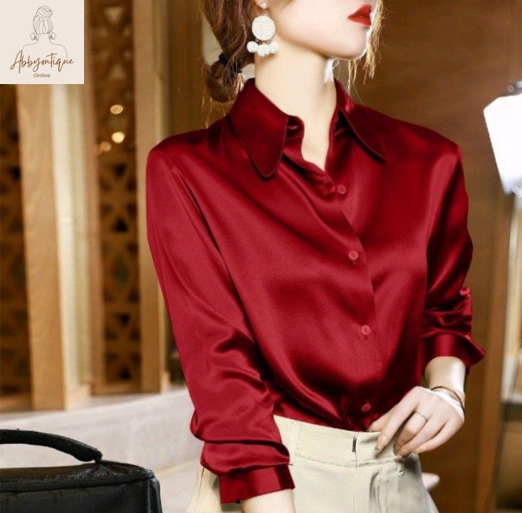 Women's Plain Silk Button-down Polo Longsleeve Top, Women's Fashion, Tops,  Longsleeves on Carousell