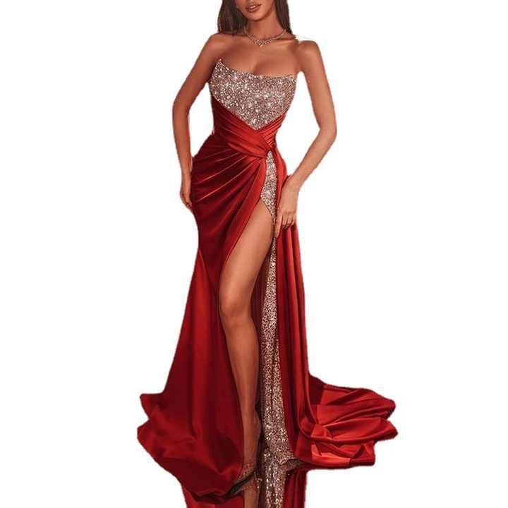 Womens Red Evening Dresses For Wedding Sexy High Slit Maxi Tube Top Maxi Dress Formal Cocktail 