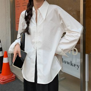 韓系寬鬆雙拉鏈襯衫/後背開叉設計（白）