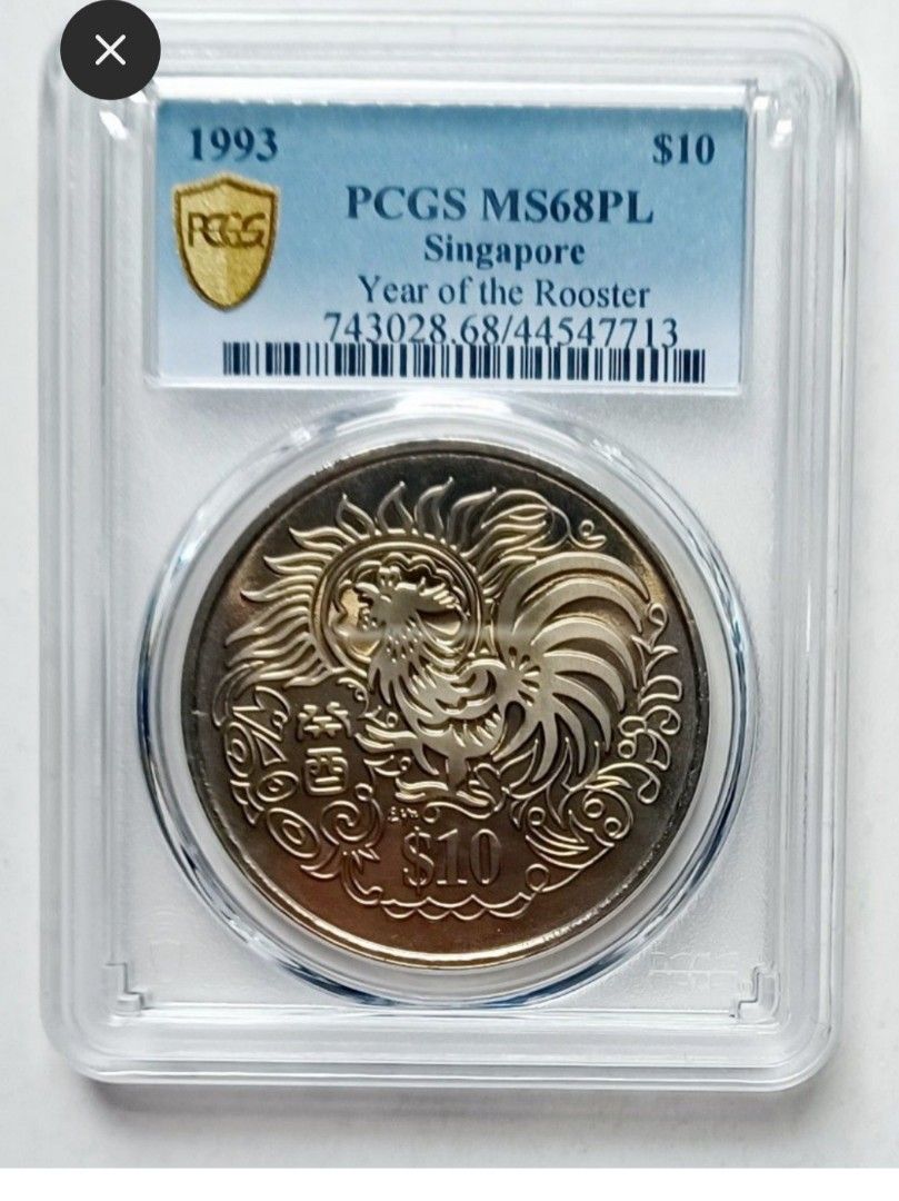🔥 冠軍分93年新加坡(雞年)$ 10 精鑄紀念幣，PCGS MS 68 PL., 興趣及遊戲, 收藏品及紀念品, 錢幣- Carousell