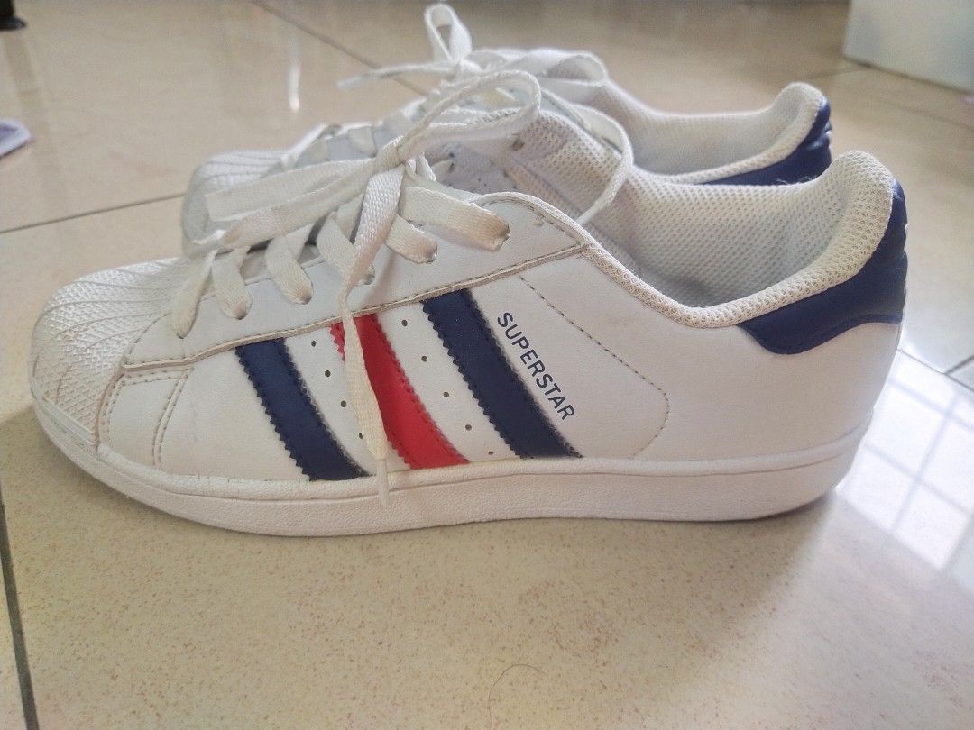 Adidas Superstar blue red stripes 4.5UK, Women's Footwear, Sneakers on Carousell