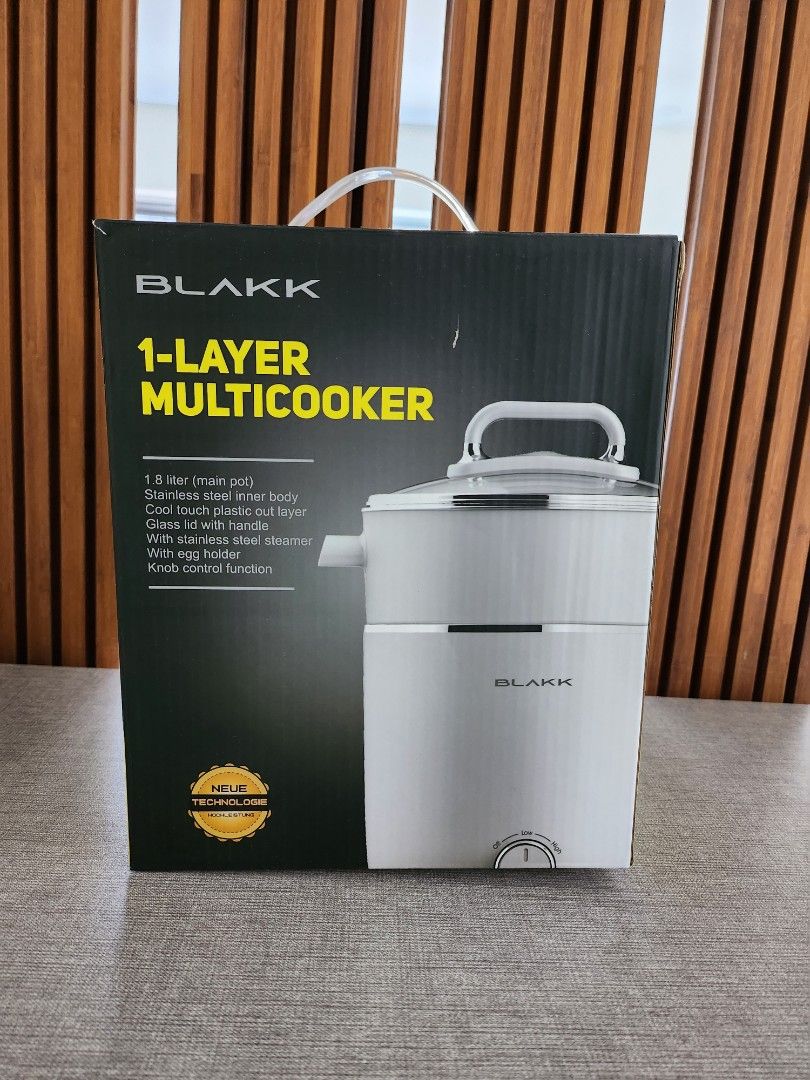 Blakk 1 Layer Multicooker (Category: Cookware & Accessories) located in Manila. Submitted by souvenirisland (Listing ID 1210429026, Image 1). Description: brand new 1.8L (main pot) stainless inner body cool touch plastic out layer glass lid with handle with stainless steel steamer with egg holder control function.