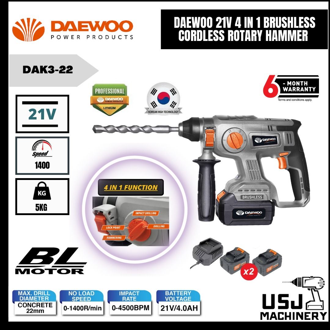 DAEWOO 21V 4 IN 1 Brushless Cordless Rotary Hammer DAK3 22 6