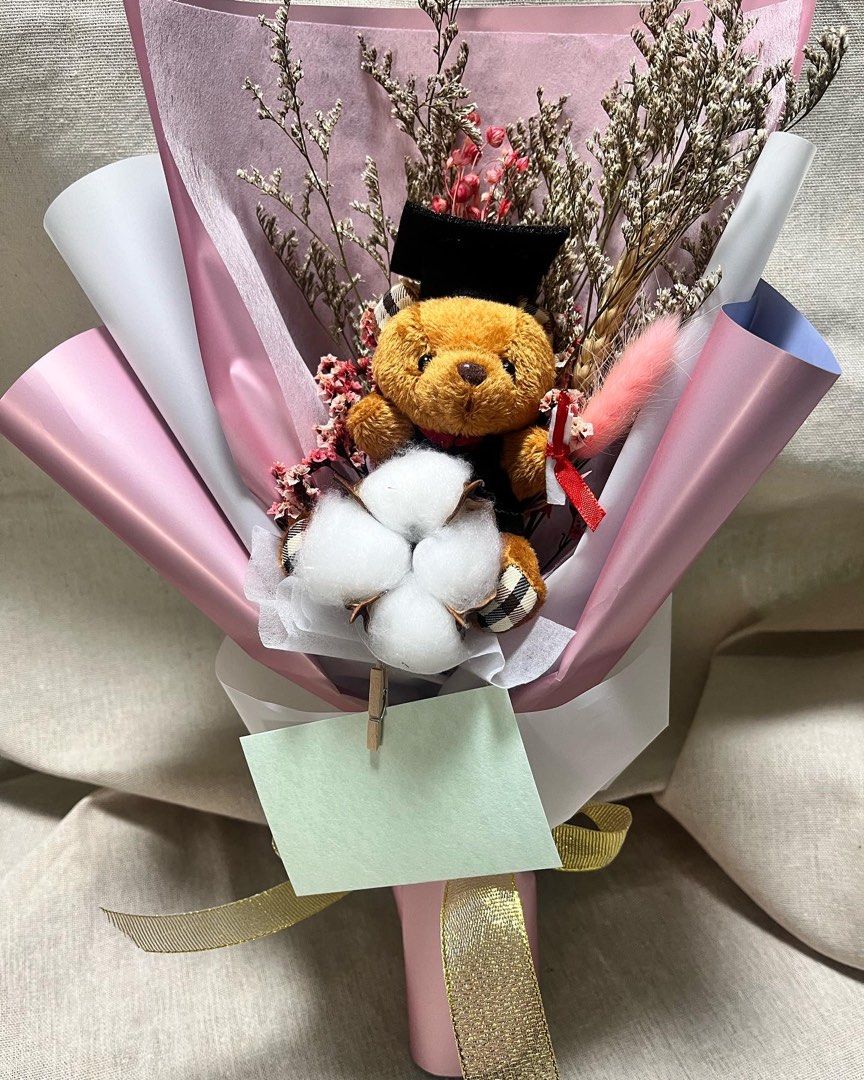 Graduation bear cotton flower bouquet, Hobbies & Toys, Stationery