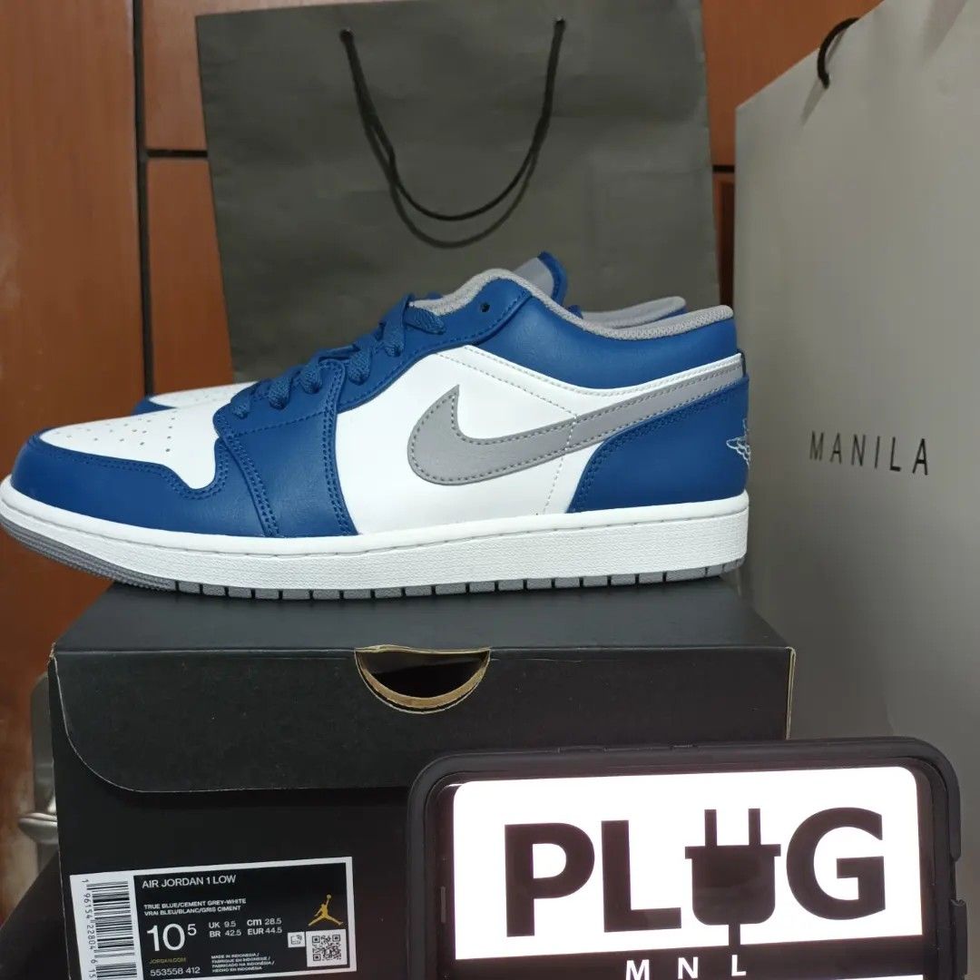 Jordan 1 Low True Blue Cement Grey s10.5, Men's Fashion, Footwear ...